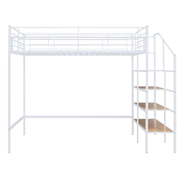 HomeRoots White Platform Loft Bed with Shelves - Modern Metal & Wood Design for Space-Saving Comfort & Style! 590361