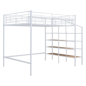HomeRoots White Platform Loft Bed with Shelves - Modern Metal & Wood Design for Space-Saving Comfort & Style! 590361