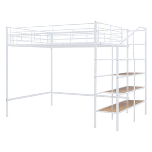 HomeRoots White Platform Loft Bed with Shelves - Modern Metal & Wood Design for Space-Saving Comfort & Style! 590361