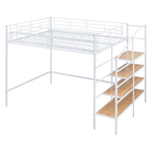 HomeRoots White Platform Loft Bed with Shelves - Modern Metal & Wood Design for Space-Saving Comfort & Style! 590361