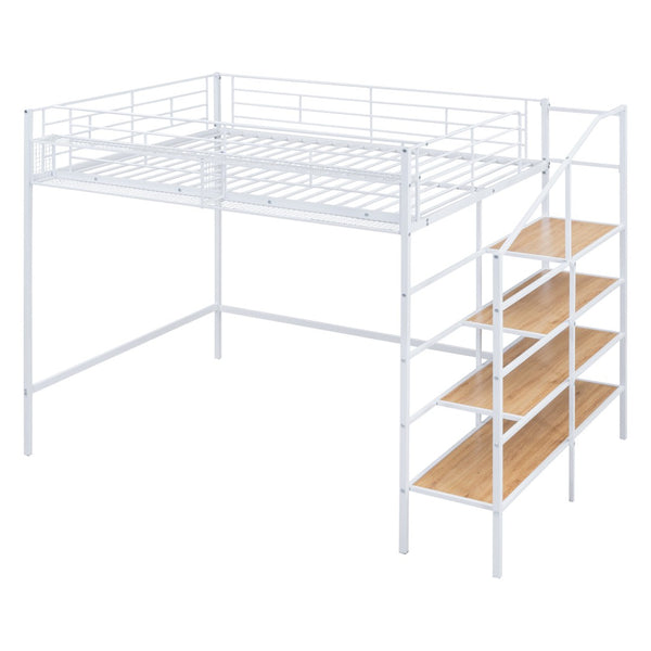HomeRoots White Platform Loft Bed with Shelves - Modern Metal & Wood Design for Space-Saving Comfort & Style! 590361