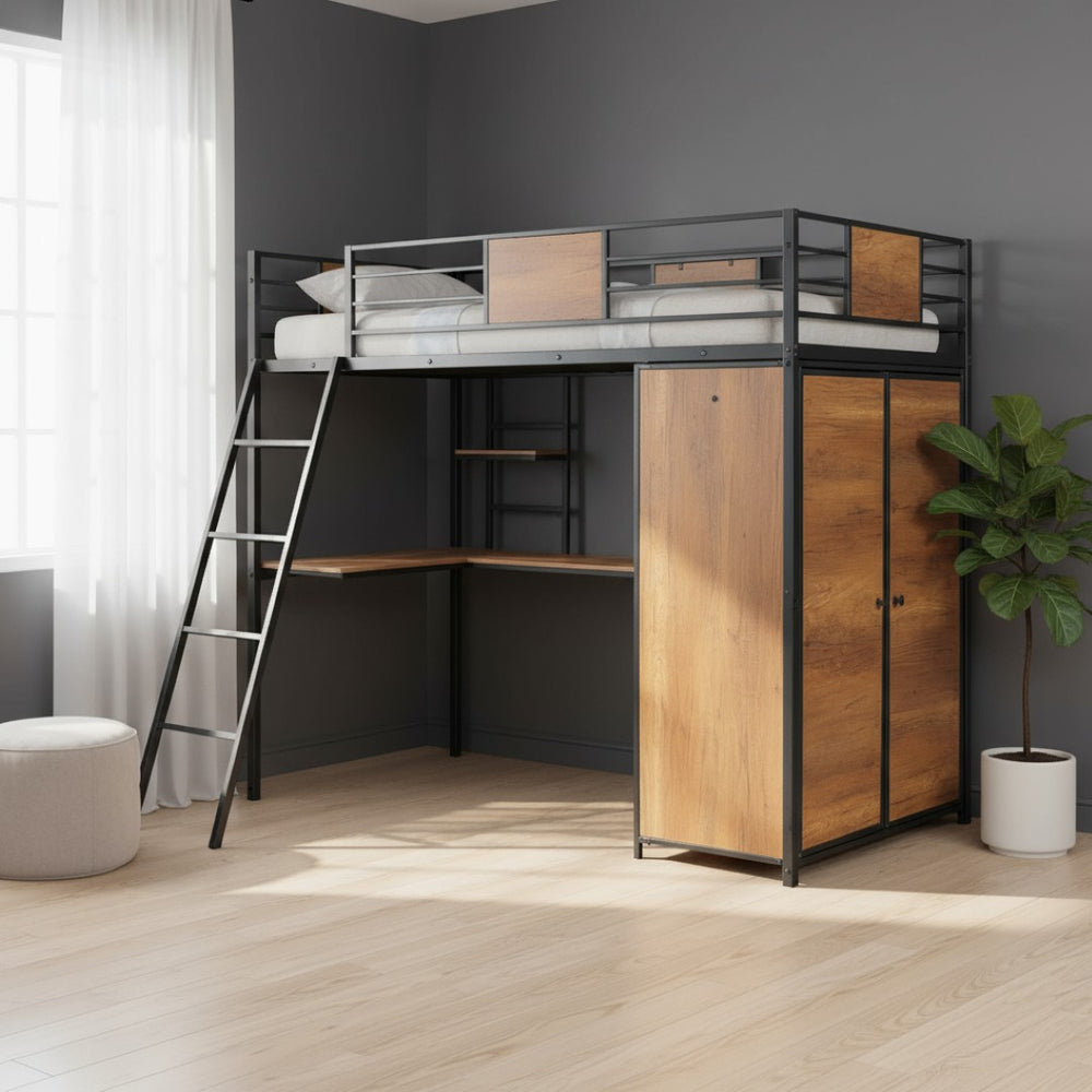 HomeRoots Black Twin Loft Bed with Desk & Shelving – Stylish Space-Saving Solution for Small Bedrooms & Dorms 590362