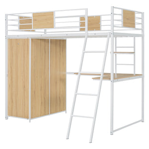 HomeRoots White Twin Loft Bed with Integrated Desk & Shelves - Space-Saving Modern Design for Small Rooms 590363