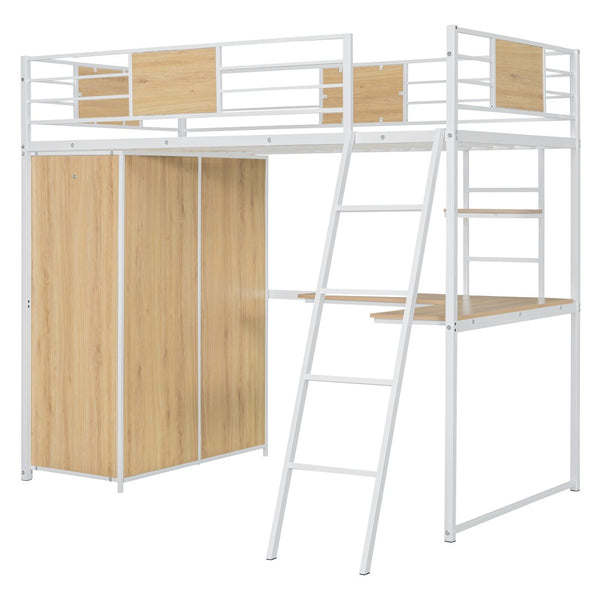 HomeRoots White Twin Loft Bed with Integrated Desk & Shelves - Space-Saving Modern Design for Small Rooms 590363