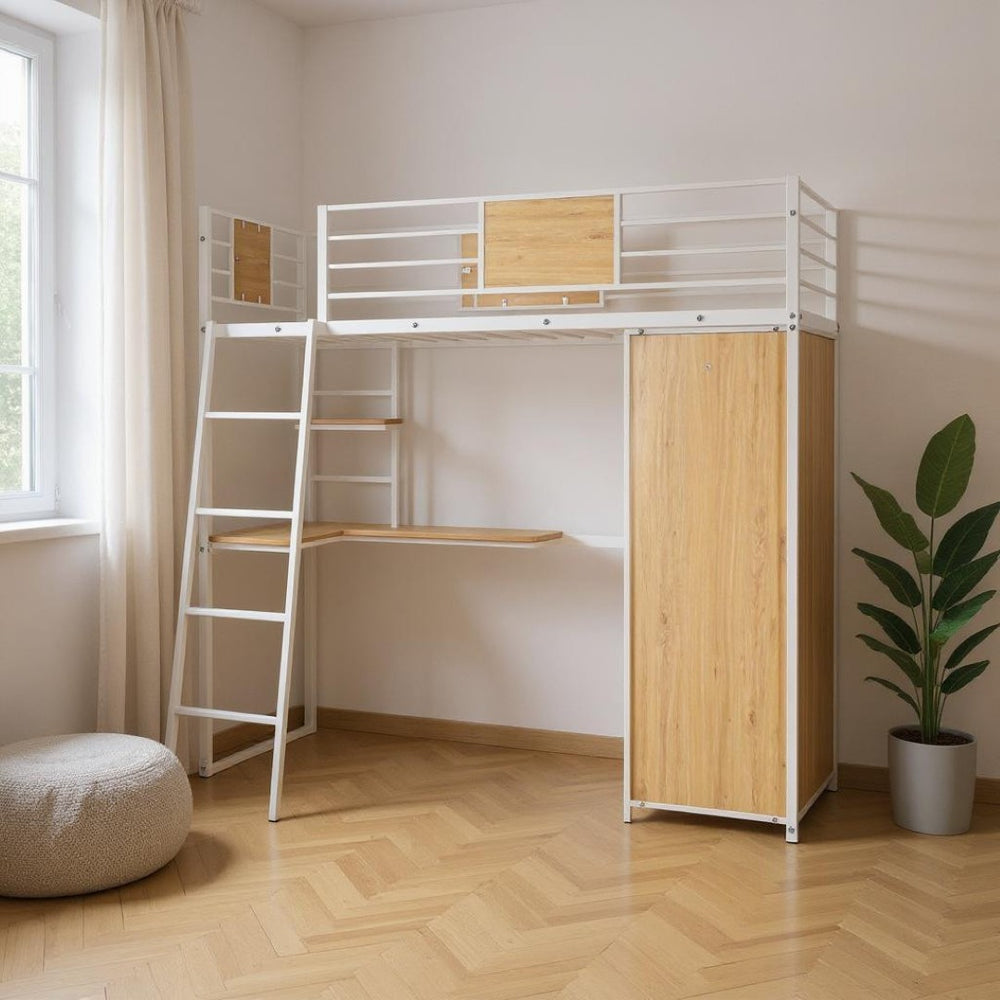 HomeRoots White Twin Loft Bed with Integrated Desk & Shelves - Space-Saving Modern Design for Small Rooms 590363