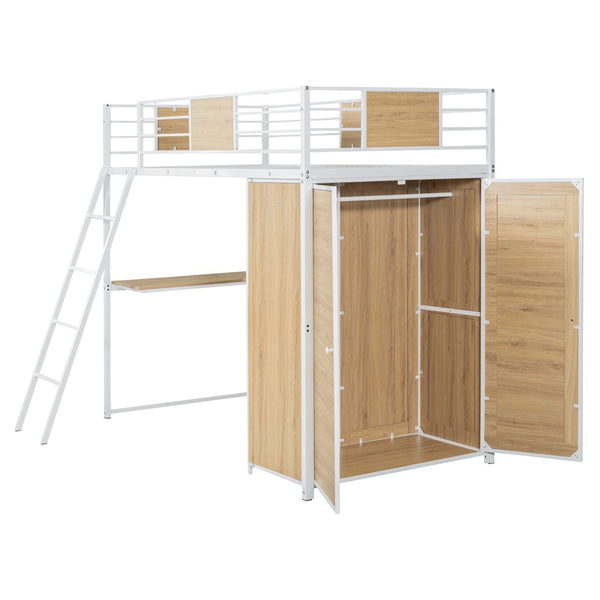 HomeRoots White Twin Loft Bed with Integrated Desk & Shelves - Space-Saving Modern Design for Small Rooms 590363
