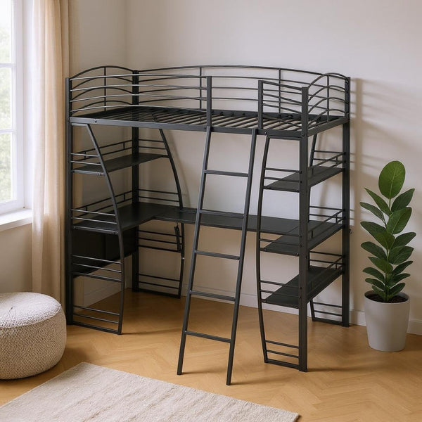 HomeRoots Black Twin Loft Bed with Integrated Desk, Shelves, and Space-Saving Design for Small Rooms 590364