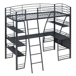 HomeRoots Black Twin Loft Bed with Integrated Desk, Shelves, and Space-Saving Design for Small Rooms 590364