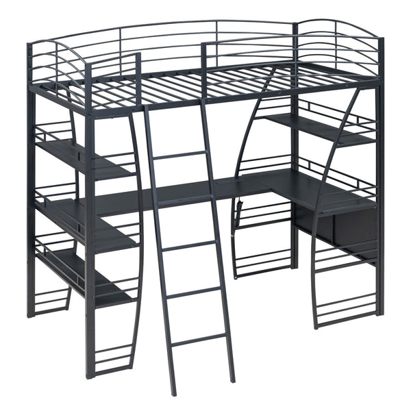 HomeRoots Black Twin Loft Bed with Integrated Desk, Shelves, and Space-Saving Design for Small Rooms 590364