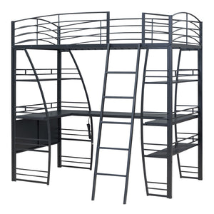 HomeRoots Black Twin Loft Bed with Integrated Desk, Shelves, and Space-Saving Design for Small Rooms 590364