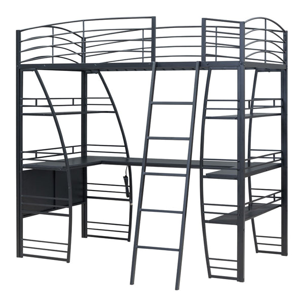 HomeRoots Black Twin Loft Bed with Integrated Desk, Shelves, and Space-Saving Design for Small Rooms 590364