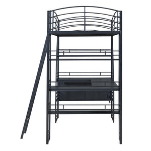 HomeRoots Black Twin Loft Bed with Integrated Desk, Shelves, and Space-Saving Design for Small Rooms 590364