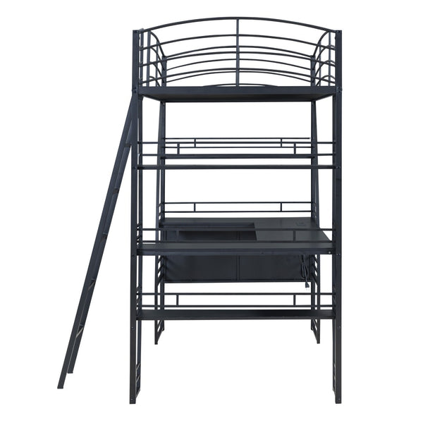 HomeRoots Black Twin Loft Bed with Integrated Desk, Shelves, and Space-Saving Design for Small Rooms 590364