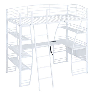 HomeRoots White Twin Loft Bed with Built-In Desk & Shelving for Space-Saving, Modern Bedroom Organization 590365