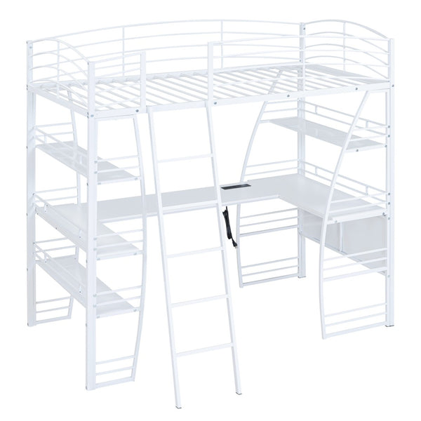 HomeRoots White Twin Loft Bed with Built-In Desk & Shelving for Space-Saving, Modern Bedroom Organization 590365