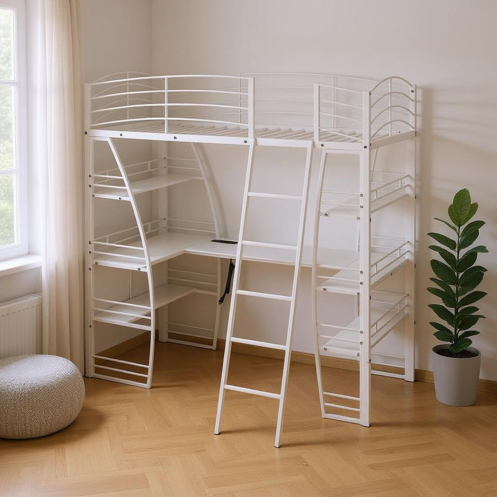 HomeRoots White Twin Loft Bed with Built-In Desk & Shelving for Space-Saving, Modern Bedroom Organization 590365