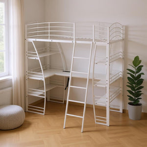 HomeRoots White Twin Loft Bed with Built-In Desk & Shelving for Space-Saving, Modern Bedroom Organization 590365