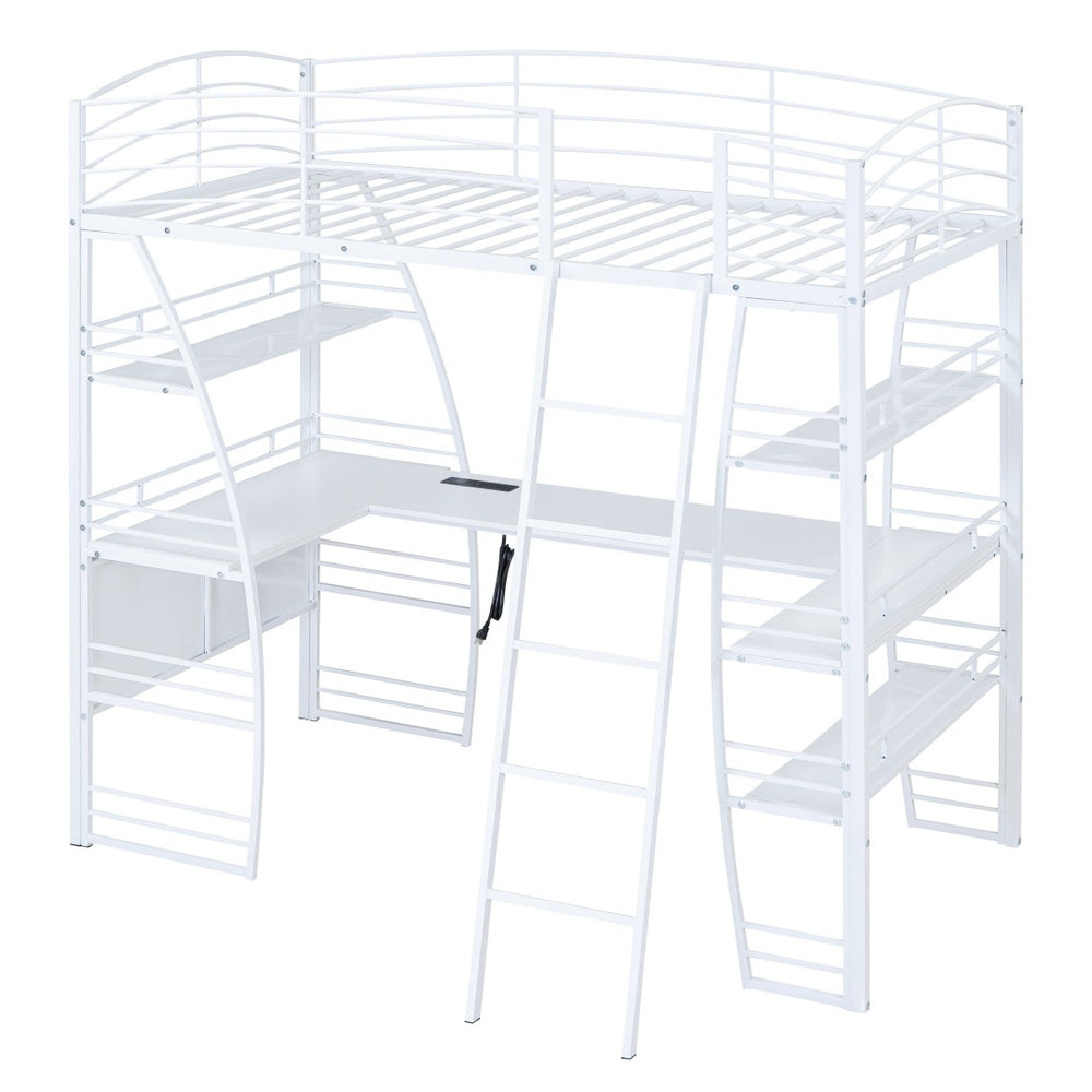 HomeRoots White Twin Loft Bed with Built-In Desk & Shelving for Space-Saving, Modern Bedroom Organization 590365