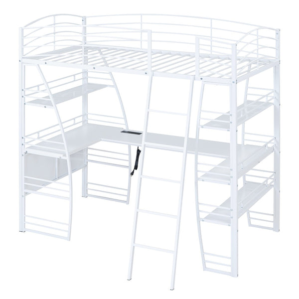 HomeRoots White Twin Loft Bed with Built-In Desk & Shelving for Space-Saving, Modern Bedroom Organization 590365