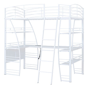 HomeRoots White Twin Loft Bed with Built-In Desk & Shelving for Space-Saving, Modern Bedroom Organization 590365