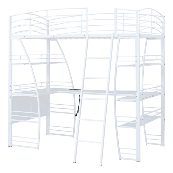 HomeRoots White Twin Loft Bed with Built-In Desk & Shelving for Space-Saving, Modern Bedroom Organization 590365