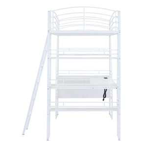 HomeRoots White Twin Loft Bed with Built-In Desk & Shelving for Space-Saving, Modern Bedroom Organization 590365