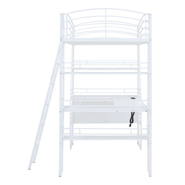 HomeRoots White Twin Loft Bed with Built-In Desk & Shelving for Space-Saving, Modern Bedroom Organization 590365