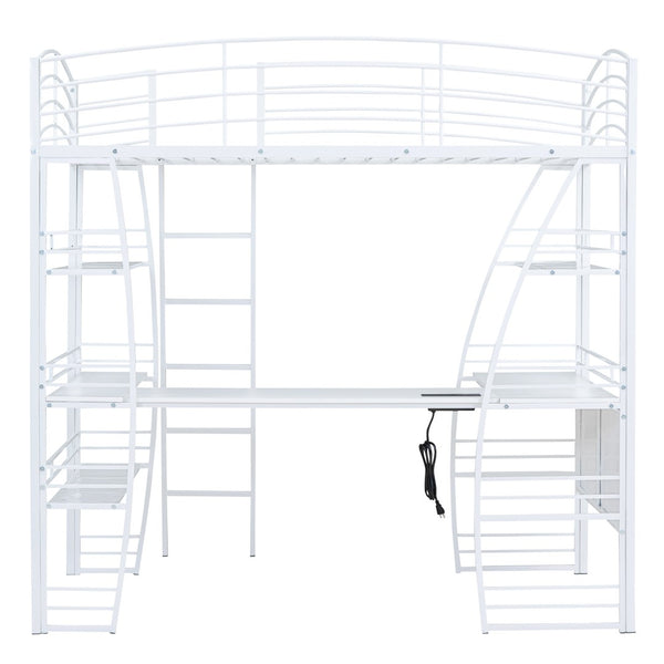 HomeRoots White Twin Loft Bed with Built-In Desk & Shelving for Space-Saving, Modern Bedroom Organization 590365