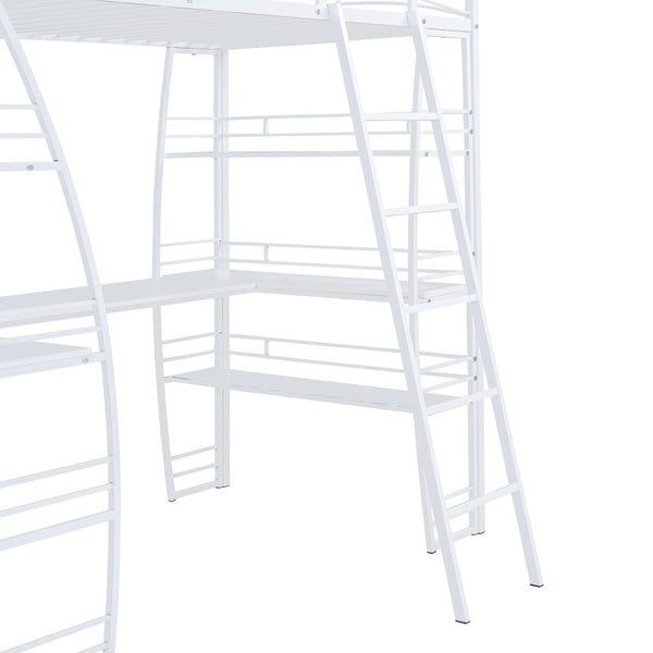 HomeRoots White Twin Loft Bed with Built-In Desk & Shelving for Space-Saving, Modern Bedroom Organization 590365