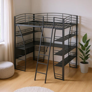 HomeRoots Black Platform Full Double Loft Bed with Desk, Shelves & Space-Saving Design for Smart Living 590366