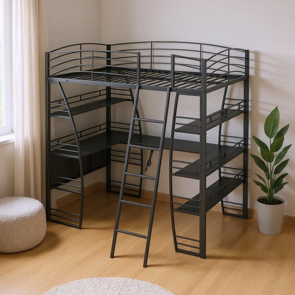 HomeRoots Black Platform Full Double Loft Bed with Desk, Shelves & Space-Saving Design for Smart Living 590366