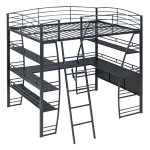 HomeRoots Black Platform Full Double Loft Bed with Desk, Shelves & Space-Saving Design for Smart Living 590366