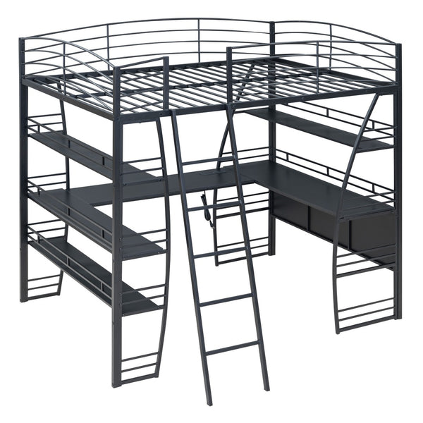 HomeRoots Black Platform Full Double Loft Bed with Desk, Shelves & Space-Saving Design for Smart Living 590366