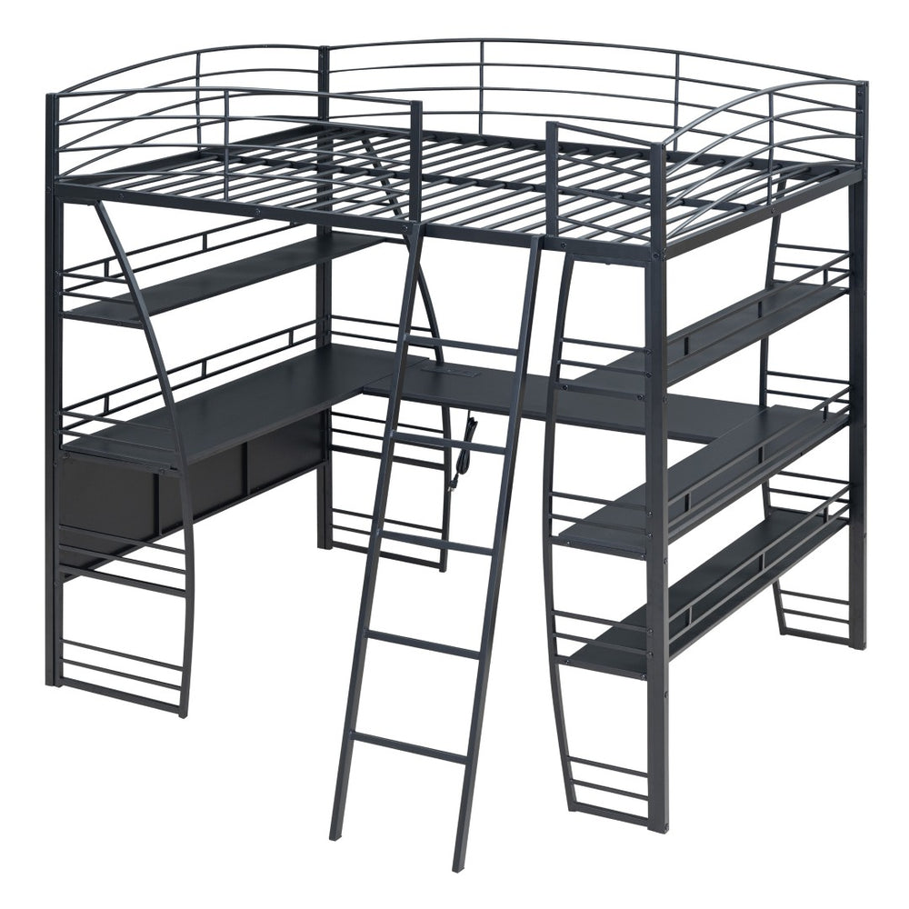 HomeRoots Black Platform Full Double Loft Bed with Desk, Shelves & Space-Saving Design for Smart Living 590366