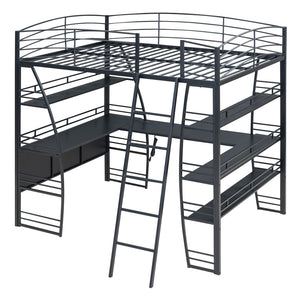 HomeRoots Black Platform Full Double Loft Bed with Desk, Shelves & Space-Saving Design for Smart Living 590366