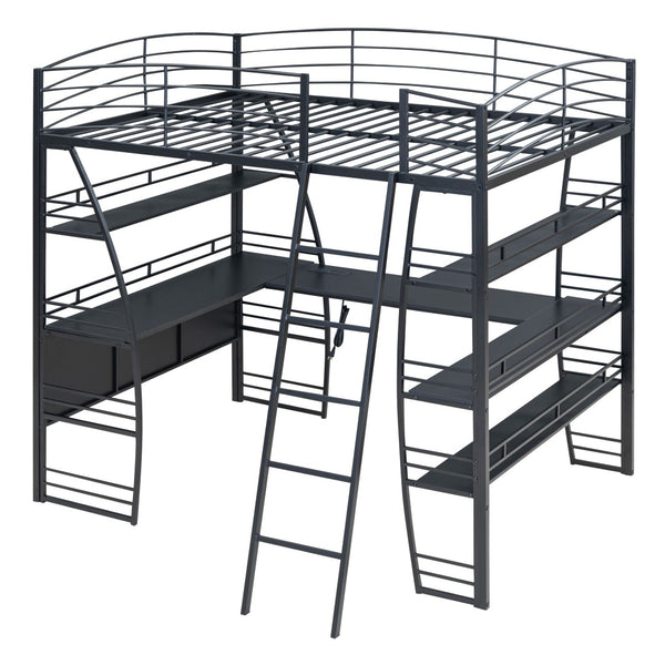 HomeRoots Black Platform Full Double Loft Bed with Desk, Shelves & Space-Saving Design for Smart Living 590366