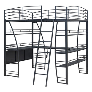 HomeRoots Black Platform Full Double Loft Bed with Desk, Shelves & Space-Saving Design for Smart Living 590366