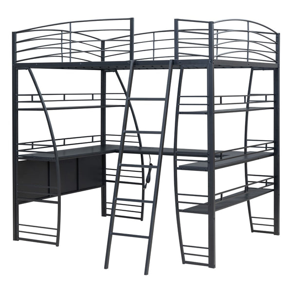HomeRoots Black Platform Full Double Loft Bed with Desk, Shelves & Space-Saving Design for Smart Living 590366