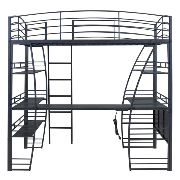 HomeRoots Black Platform Full Double Loft Bed with Desk, Shelves & Space-Saving Design for Smart Living 590366