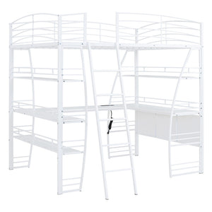 HomeRoots White Metal Full Loft Bed with Desk, Shelves & USB Ports - Space-Saving Solution for Modern Rooms 590367