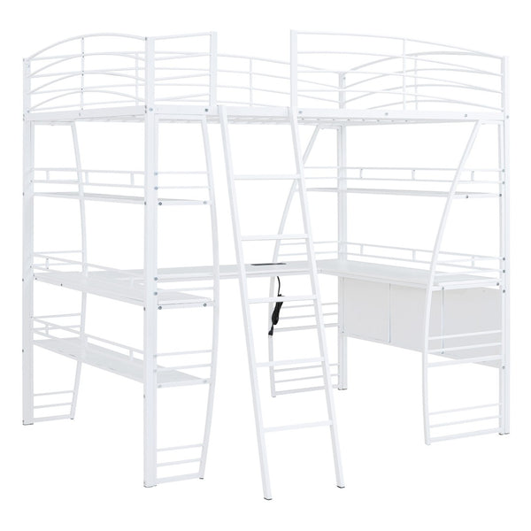 HomeRoots White Metal Full Loft Bed with Desk, Shelves & USB Ports - Space-Saving Solution for Modern Rooms 590367