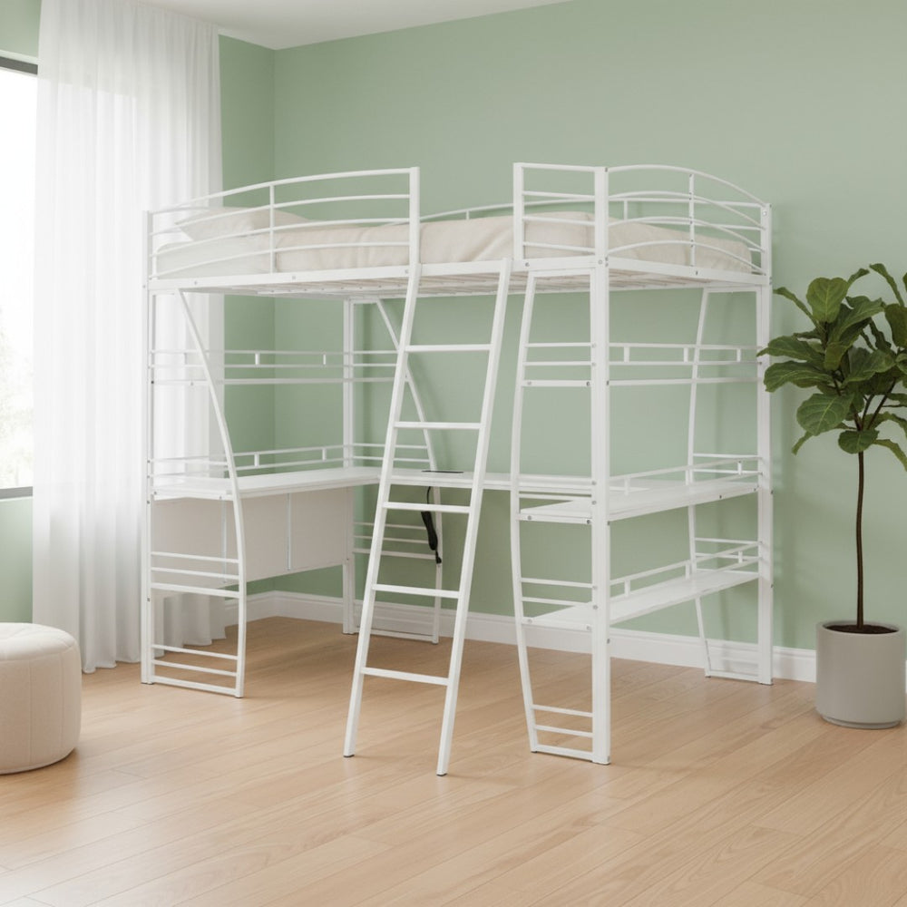 HomeRoots White Metal Full Loft Bed with Desk, Shelves & USB Ports - Space-Saving Solution for Modern Rooms 590367