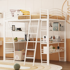HomeRoots White Metal Full Loft Bed with Desk, Shelves & USB Ports - Space-Saving Solution for Modern Rooms 590367