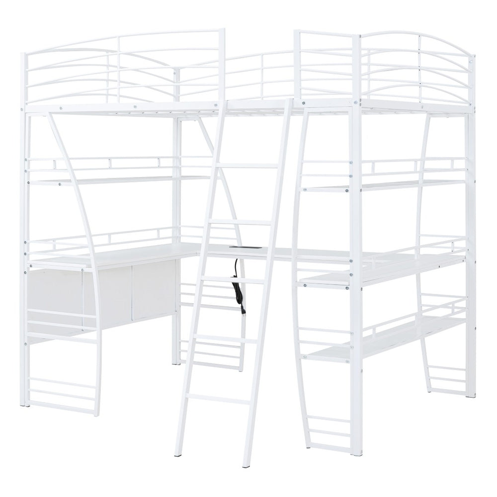 HomeRoots White Metal Full Loft Bed with Desk, Shelves & USB Ports - Space-Saving Solution for Modern Rooms 590367