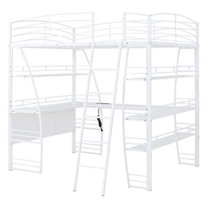 HomeRoots White Metal Full Loft Bed with Desk, Shelves & USB Ports - Space-Saving Solution for Modern Rooms 590367