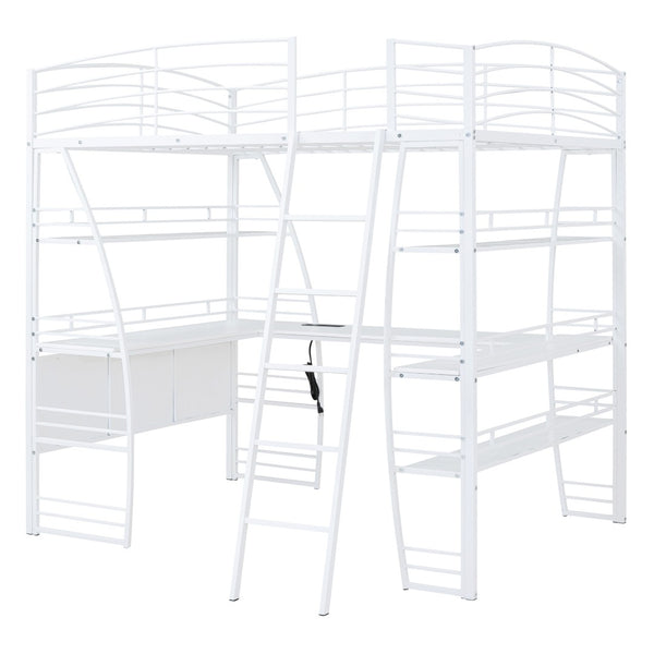 HomeRoots White Metal Full Loft Bed with Desk, Shelves & USB Ports - Space-Saving Solution for Modern Rooms 590367