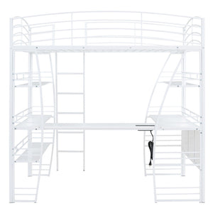 HomeRoots White Metal Full Loft Bed with Desk, Shelves & USB Ports - Space-Saving Solution for Modern Rooms 590367