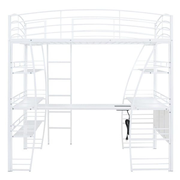 HomeRoots White Metal Full Loft Bed with Desk, Shelves & USB Ports - Space-Saving Solution for Modern Rooms 590367