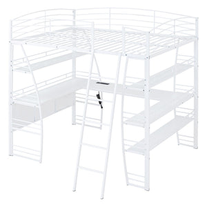 HomeRoots White Metal Full Loft Bed with Desk, Shelves & USB Ports - Space-Saving Solution for Modern Rooms 590367
