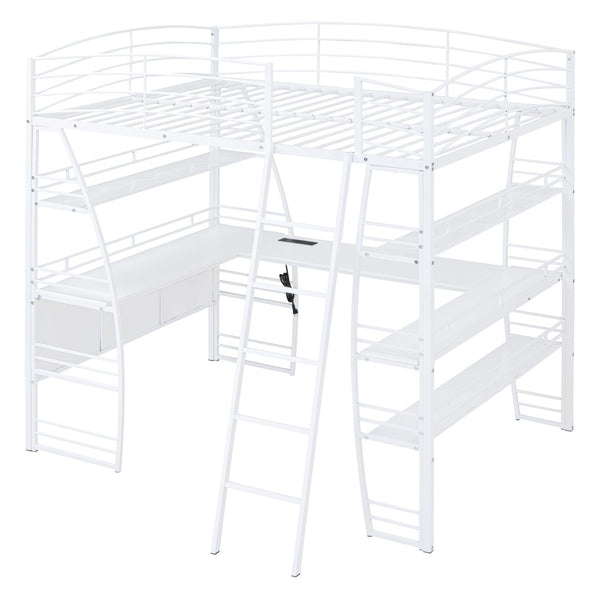 HomeRoots White Metal Full Loft Bed with Desk, Shelves & USB Ports - Space-Saving Solution for Modern Rooms 590367